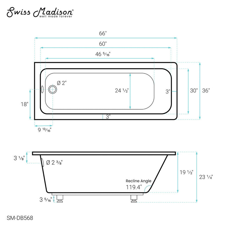 Voltaire 66" x 36" Reversible Drain Drop-In Bathtub