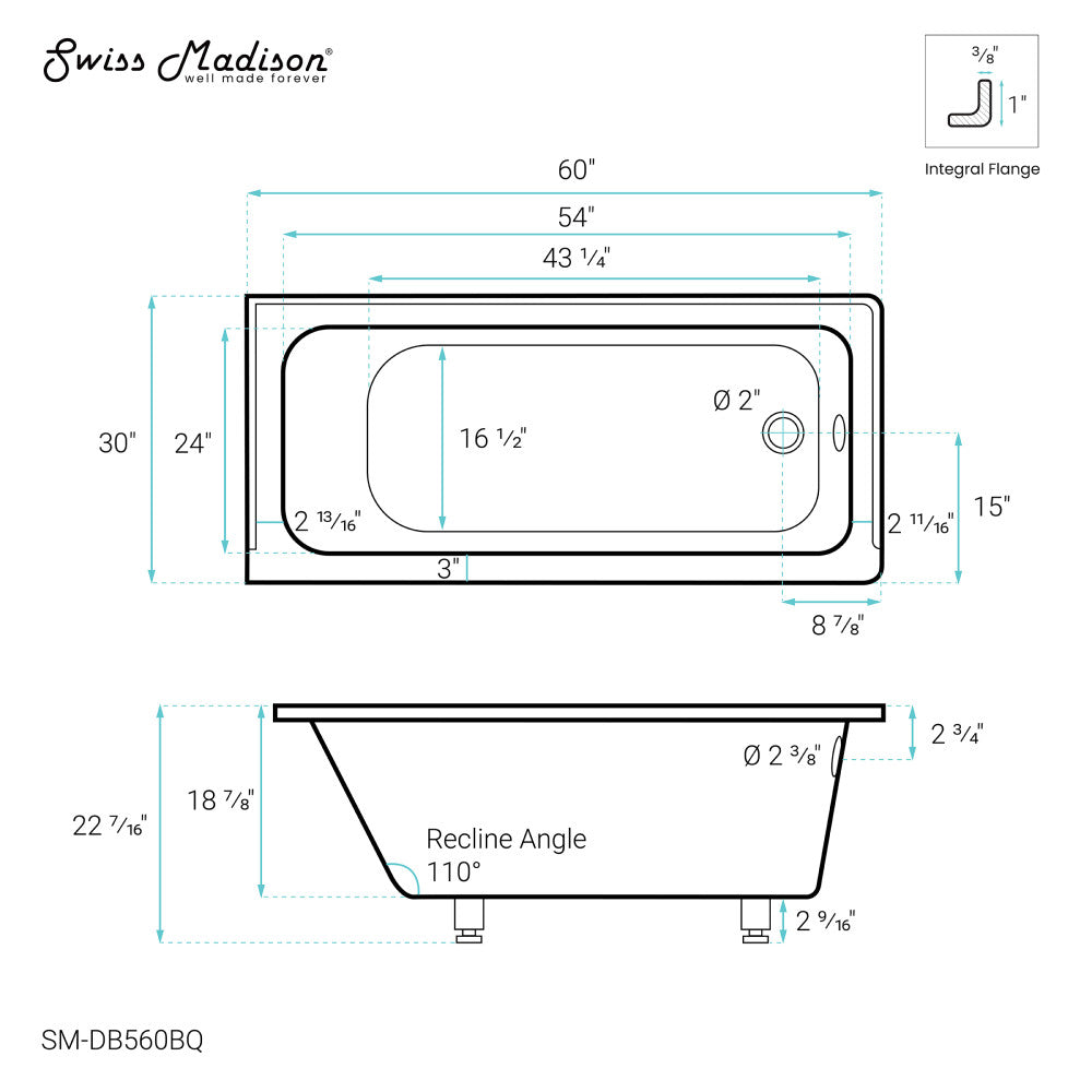 Voltaire 60" x 30" Right-Hand Drain Alcove Bathtub in Bisque