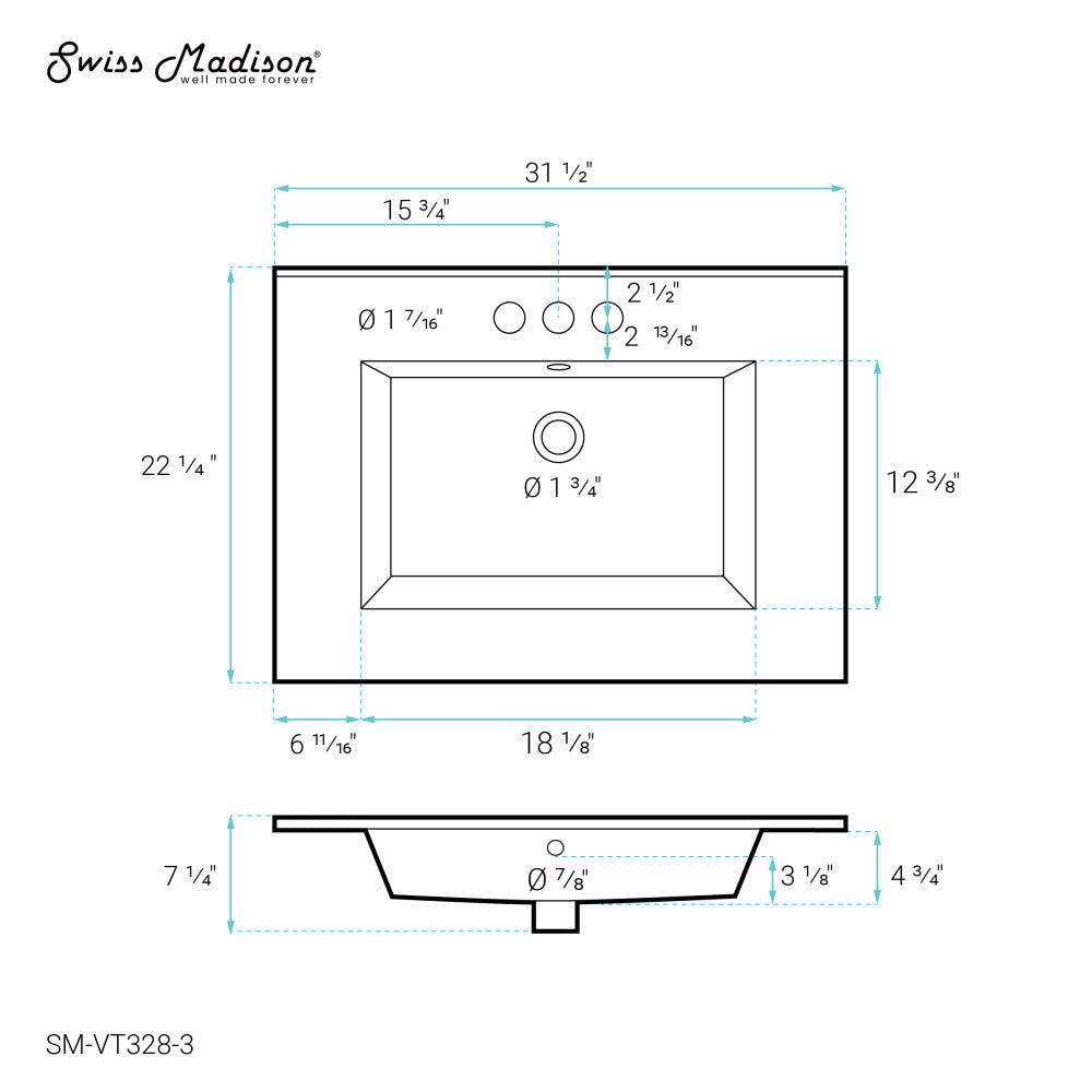 Voltaire 31 Vanity Top Sink with 3 Centerset Faucet Holes