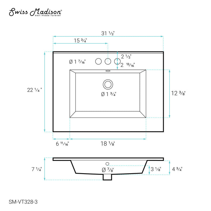 Voltaire 31 Vanity Top Sink with 3 Centerset Faucet Holes