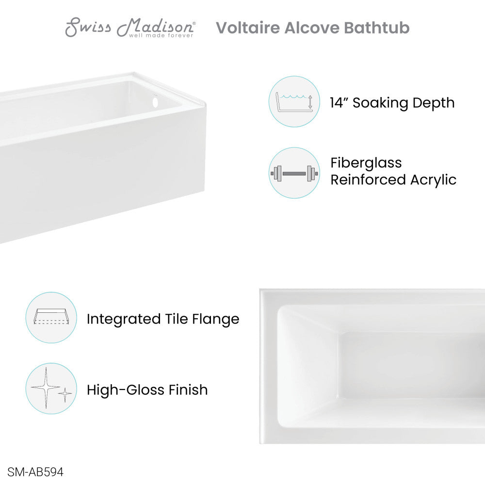 Voltaire 60" x 32" Right-Hand Drain Alcove Bathtub with Apron