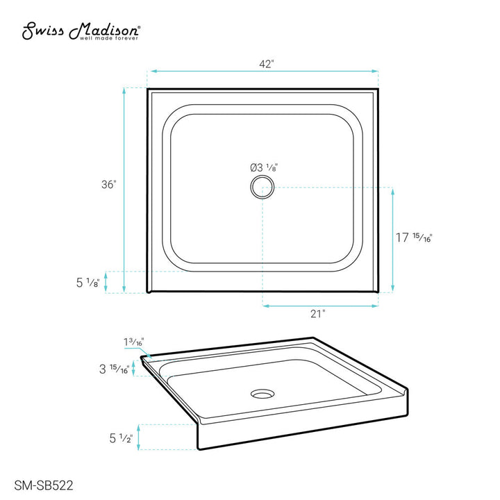 Voltaire 42" x 36" Acrylic White, Single-Threshold, Center Drain, Shower Base