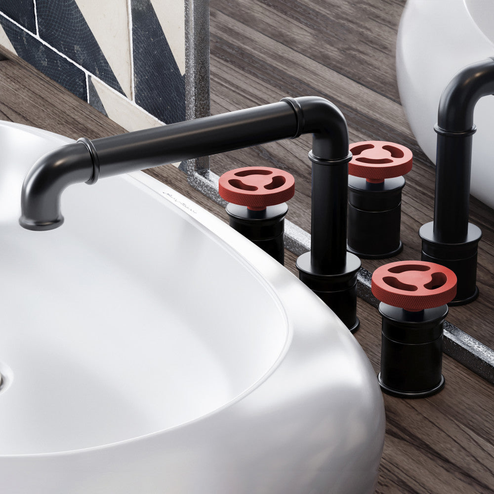 Avallon 8 in. Widespread, 2-Handle Wheel, Bathroom Faucet in Matte Black with Red Handles