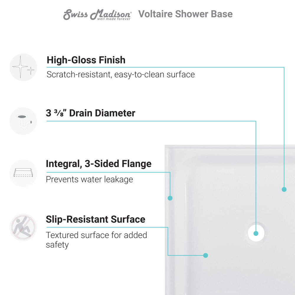 Voltaire 42" x 42" Acrylic White, Single-Threshold, Center Drain, Shower Base