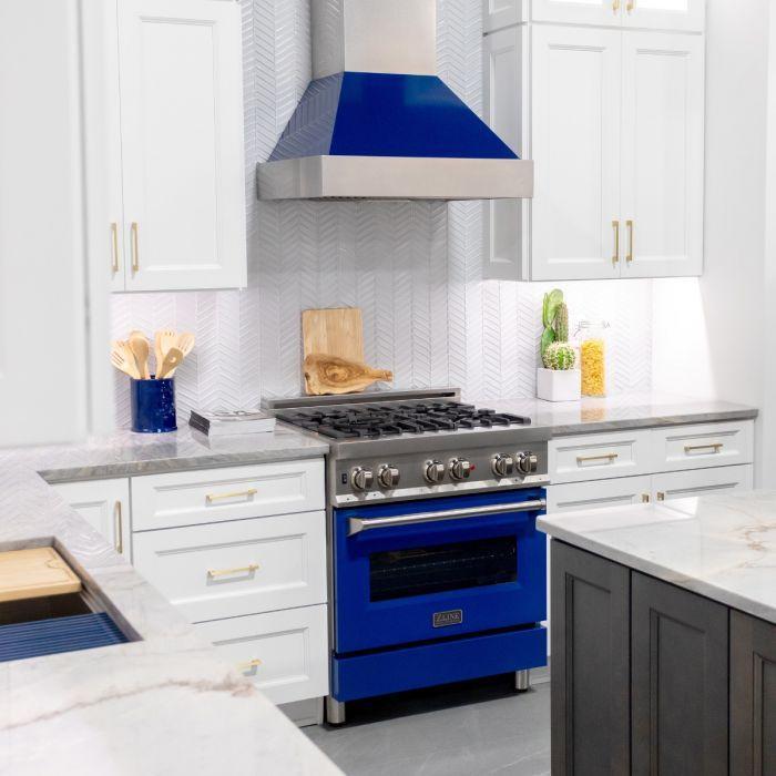 ZLINE 30" Dual Fuel Range in DuraSnow® with Blue Gloss Door & 30" Range Hood Appliance Package, 2KP-RASBGRH30