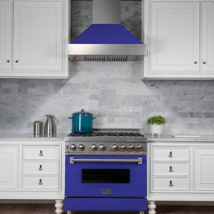 ZLINE 30 in. Ducted DuraSnow® Stainless Steel Range Hood with Blue Matte Shell, 8654BM-30