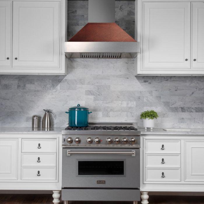 ZLINE 36 in. Ducted DuraSnow® Stainless Steel Range Hood with Hand-Hammered Copper Shell, 8654HH-36