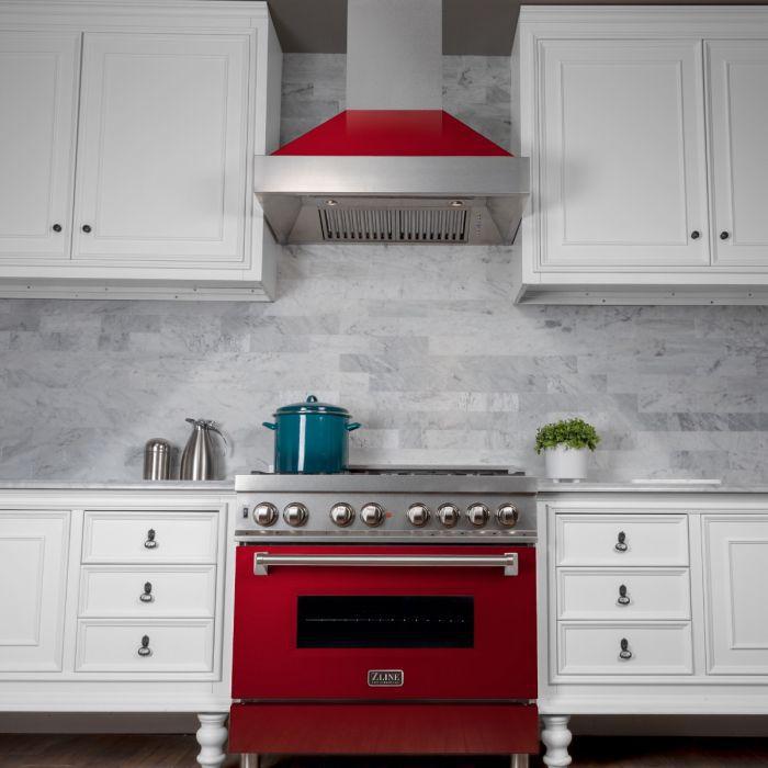 ZLINE 30 in. Ducted DuraSnow® Stainless Steel Range Hood with Red Gloss Shell, 8654RG-30