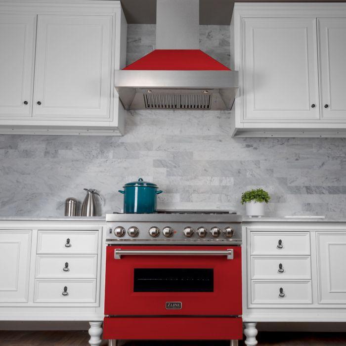 ZLINE 30 in. Ducted DuraSnow® Stainless Steel Range Hood with Red Matte Shell, 8654RM-30