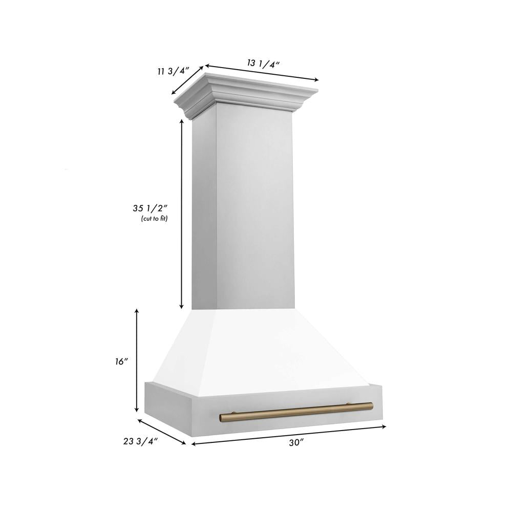 ZLINE Autograph Edition 30 in. Kitchen Package with Stainless Steel Dual Fuel Range with White Matte Door, Range Hood and Dishwasher with Champagne Bronze Accents (3AKP-RAWMRHDWM30-CB)