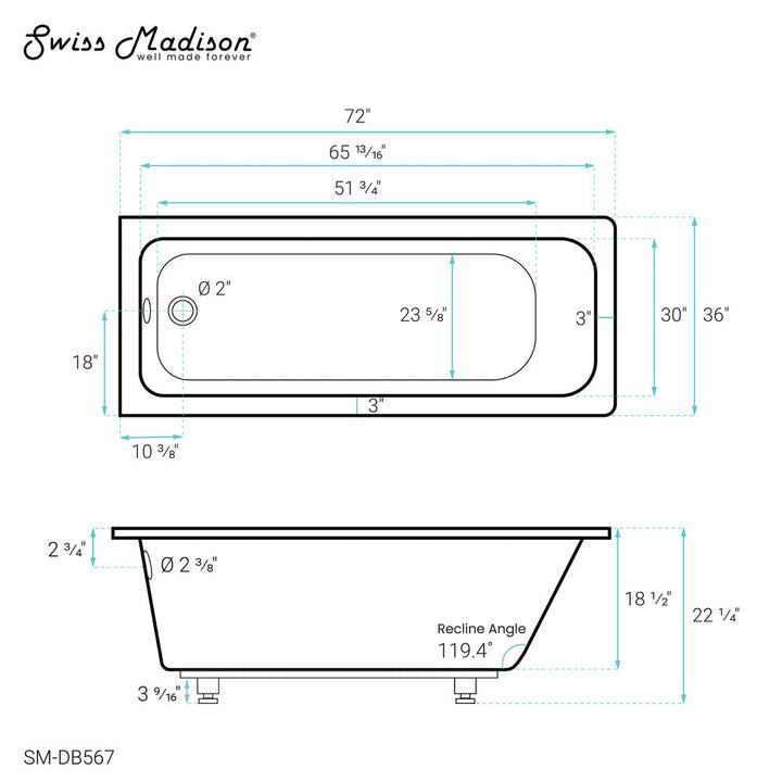 Voltaire 72" x 36" Reversible Drain Drop-In Bathtub