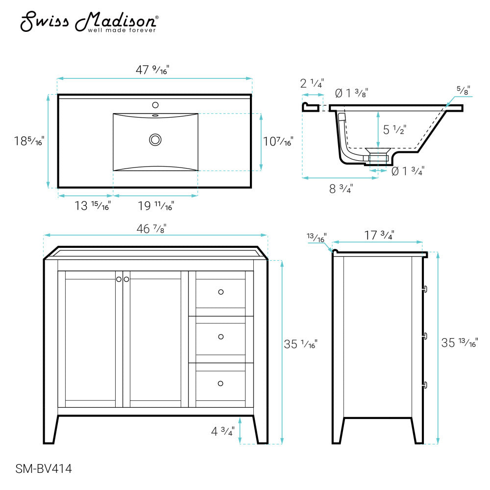 Cannes 48 Single, Two Doors, Three Drawers, Bathroom Vanity