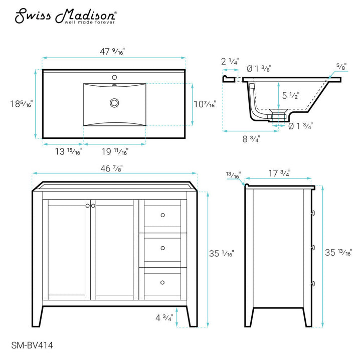 Cannes 48 Single, Two Doors, Three Drawers, Bathroom Vanity