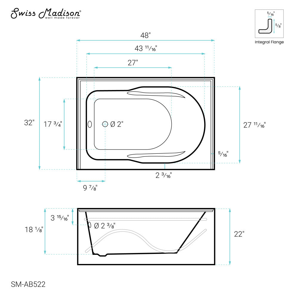 Ivy 48'' x 32" Bathtub with Apron Left Hand Drain in White