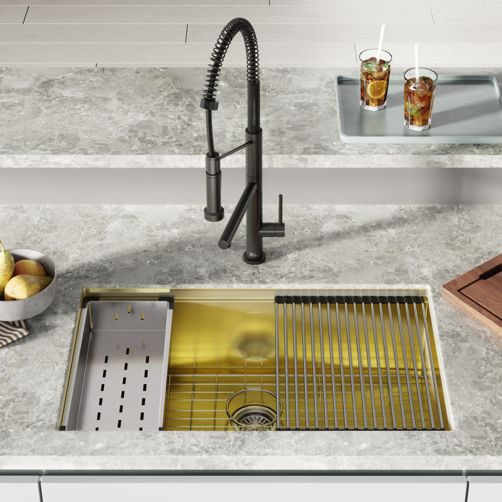 Tourner 32 x 19 Stainless Steel, Single Basin, Undermount Kitchen Workstation Sink in Gold