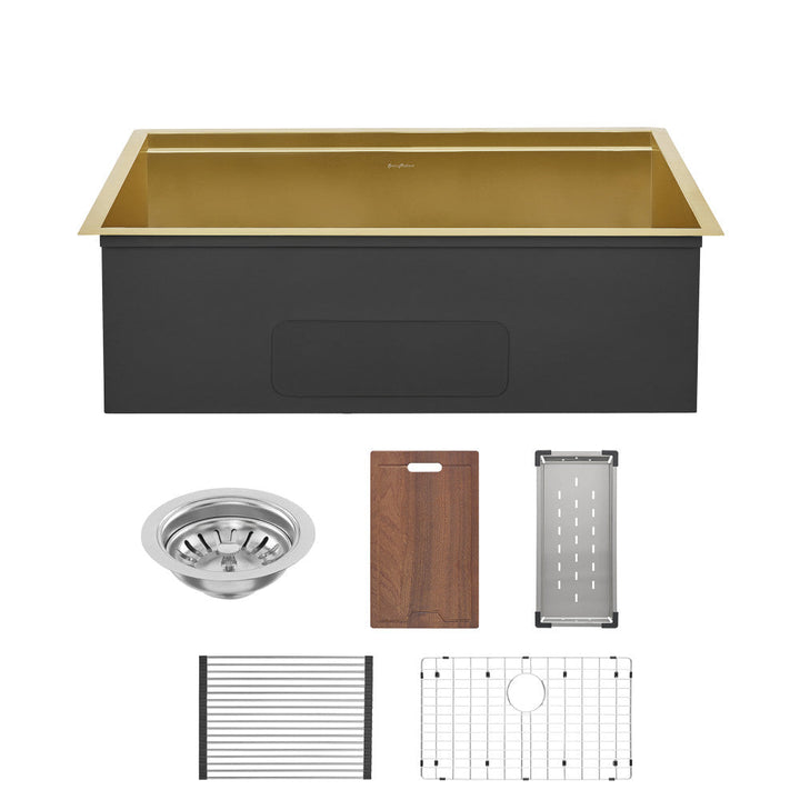 Tourner 32 x 19 Stainless Steel, Single Basin, Undermount Kitchen Workstation Sink in Gold