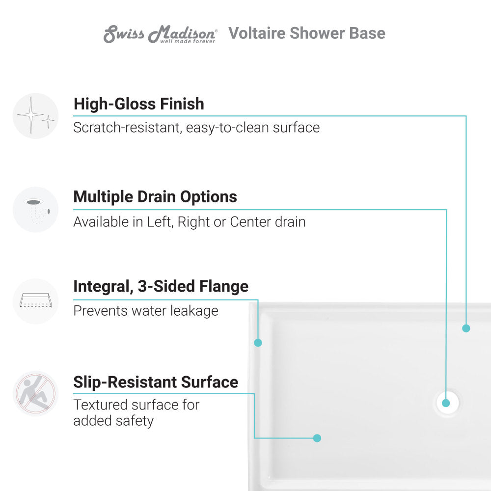 Voltaire 60" x 34" Acrylic White, Single-Threshold, Right Side Drain, Shower Base