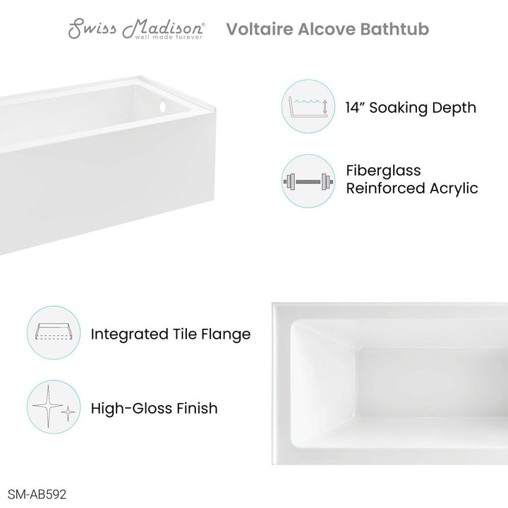 Voltaire 60" x 30" Right-Hand Drain Alcove Bathtub with Apron