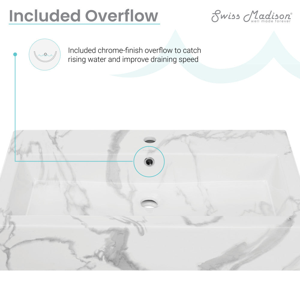 Voltaire Wide Rectangle Vessel Sink in White Marble