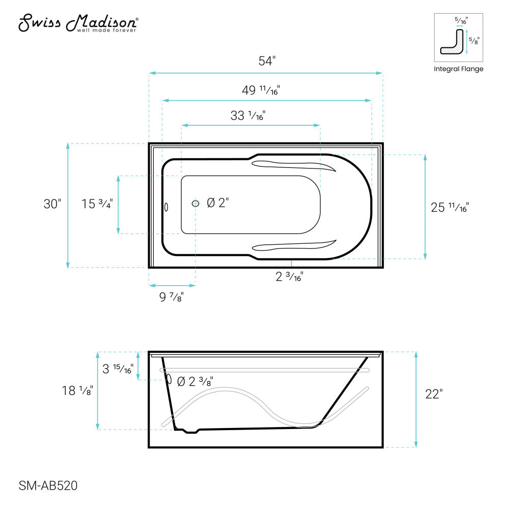 Ivy 54'' x 30" Bathtub with Apron Left Hand Drain in White