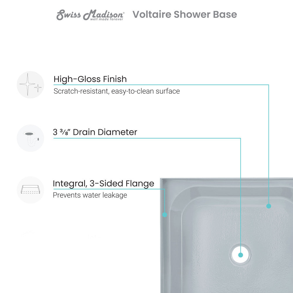 Voltaire 60" x 30" Single-Threshold, Center Drain, Shower Base in Grey