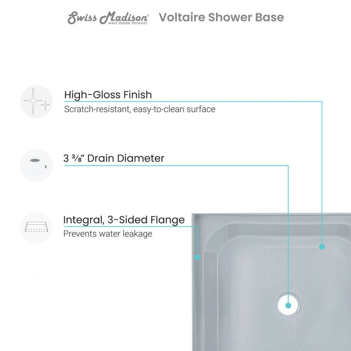 Voltaire 60" x 30" Single-Threshold, Center Drain, Shower Base in Grey