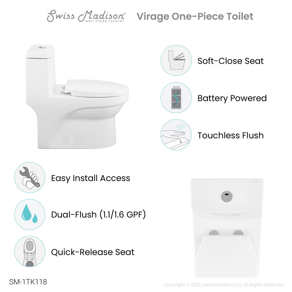 Virage One Piece Elongated Toilet with Touchless Retrofit Dual Flush 1.1/1.6 gpf