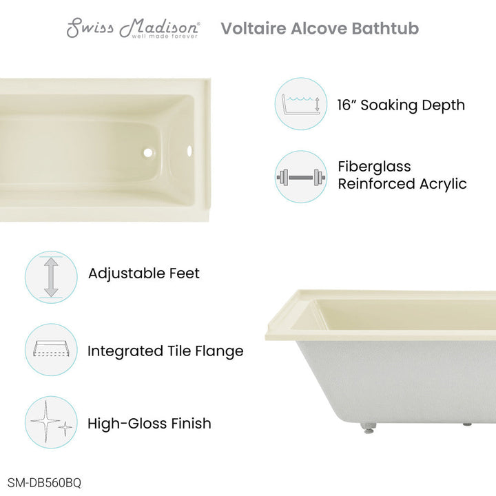 Voltaire 60" x 30" Right-Hand Drain Alcove Bathtub in Bisque