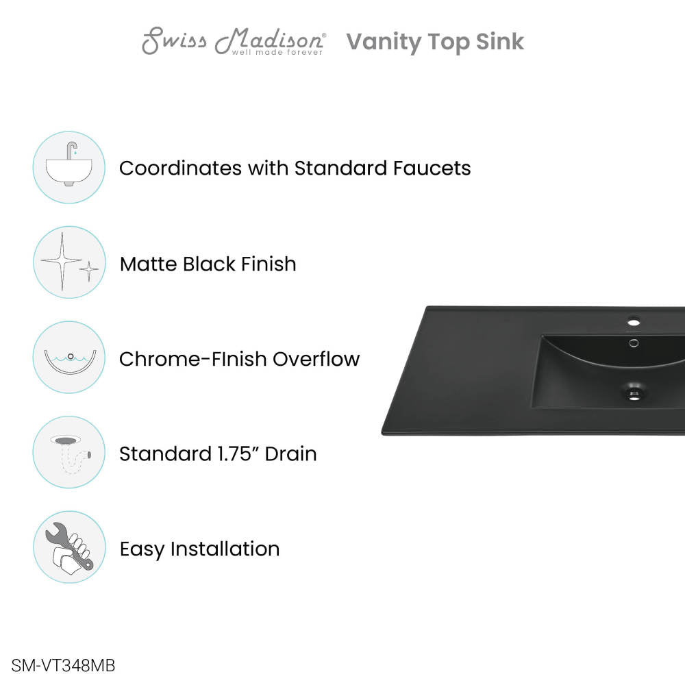 48" Ceramic Vanity Top with Single Faucet Hole in Matte Black