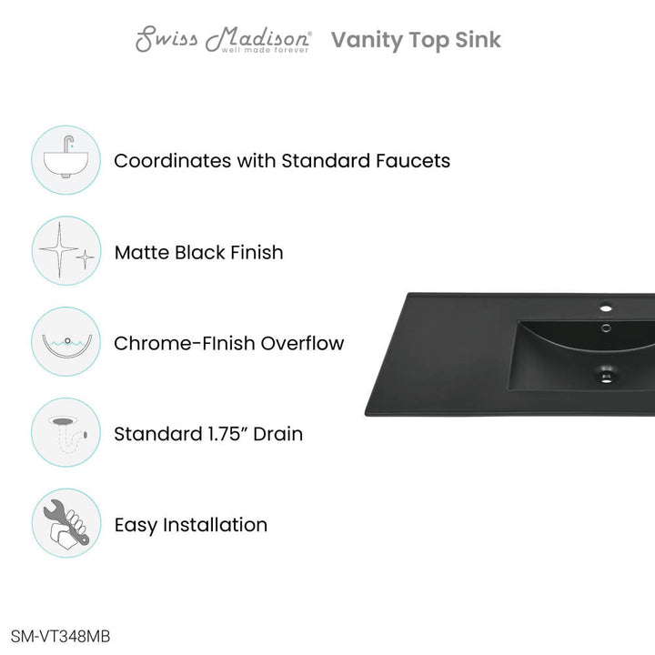 48" Ceramic Vanity Top with Single Faucet Hole in Matte Black