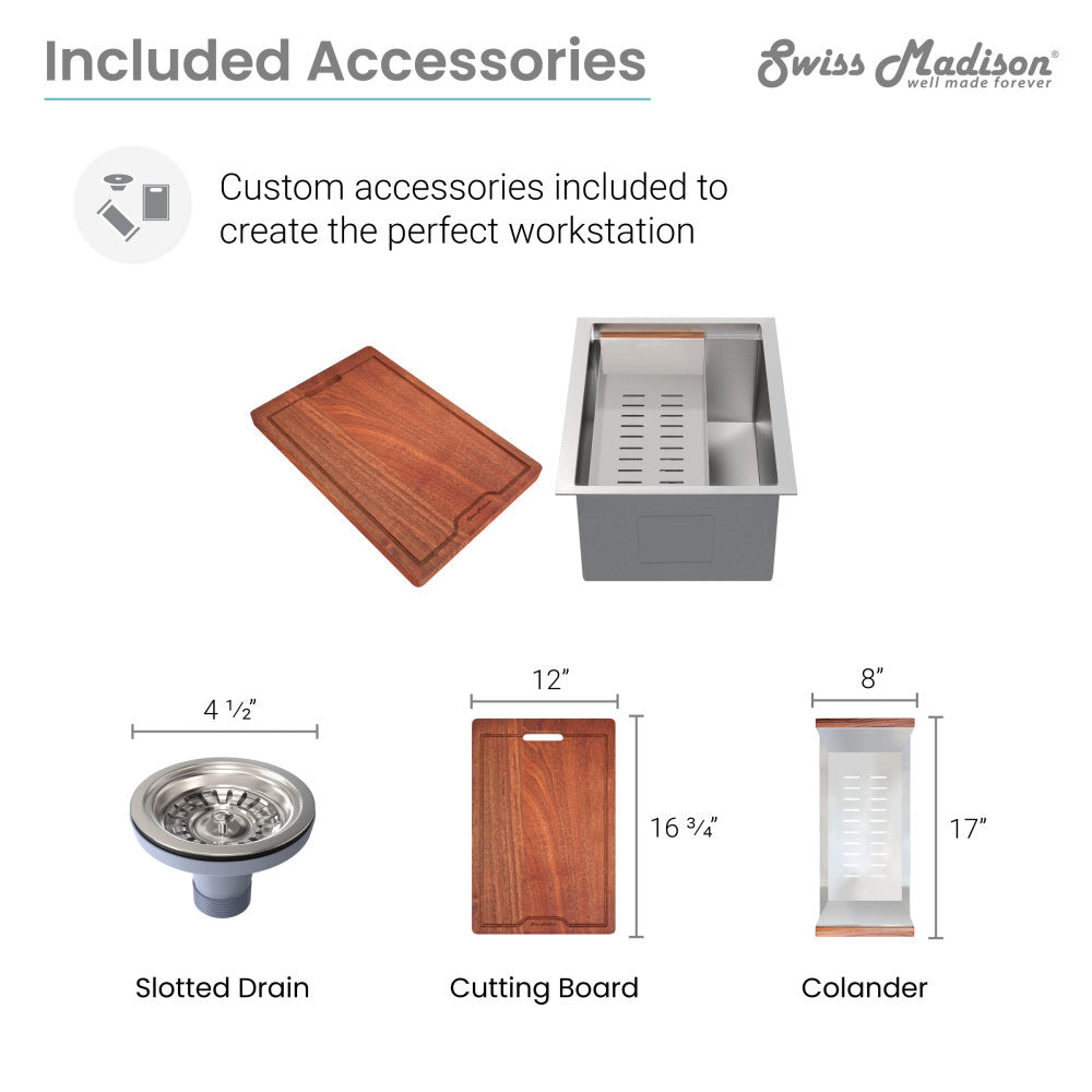 Rivage 15 x 19 Single Basin Undermount Kitchen Workstation Sink