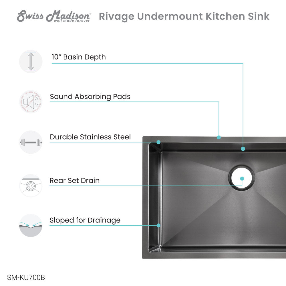 Rivage 30 x 18 Stainless Steel, Single Basin, Undermount Kitchen Sink,Black