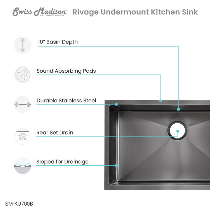 Rivage 30 x 18 Stainless Steel, Single Basin, Undermount Kitchen Sink,Black