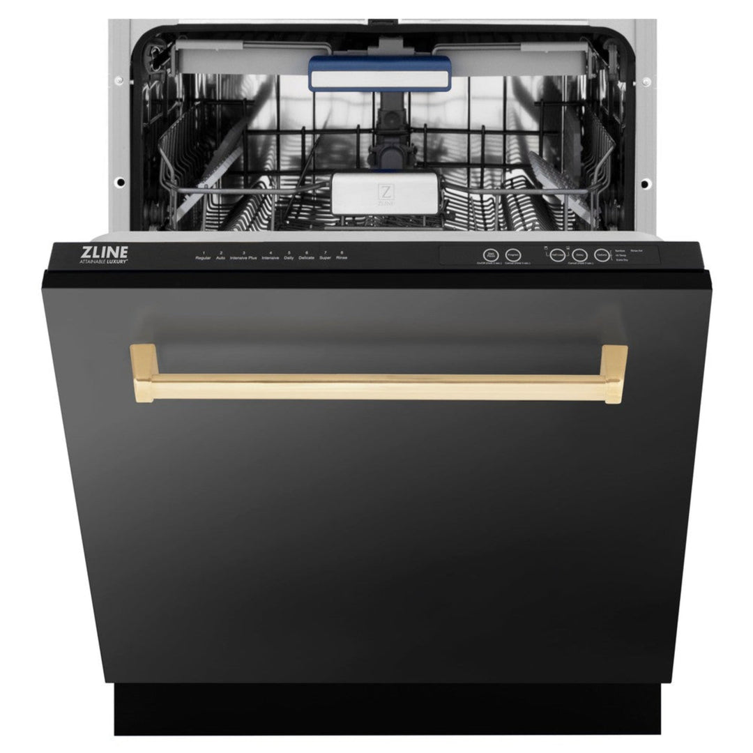 ZLINE  24" Autograph Edition 3rd Rack Top Control Tall Tub Dishwasher in Black Stainless Steel with Champagne Bronze Handle, 51dBa