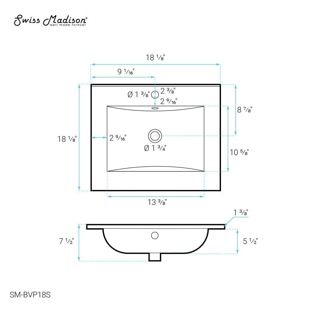 18" Ceramic Square Vanity Sink Top