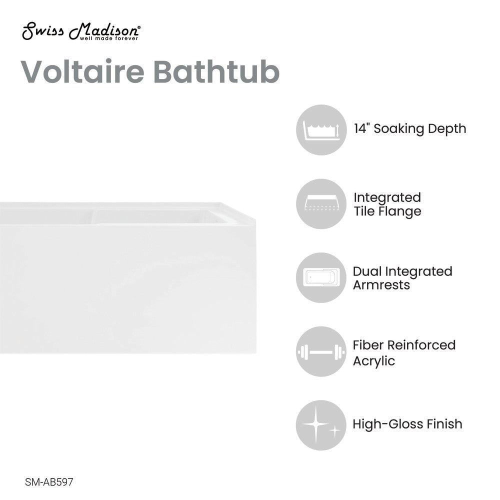 Voltaire 48" x 30" Right-Hand Drain Alcove Integrated Armrest Bathtub with Apron