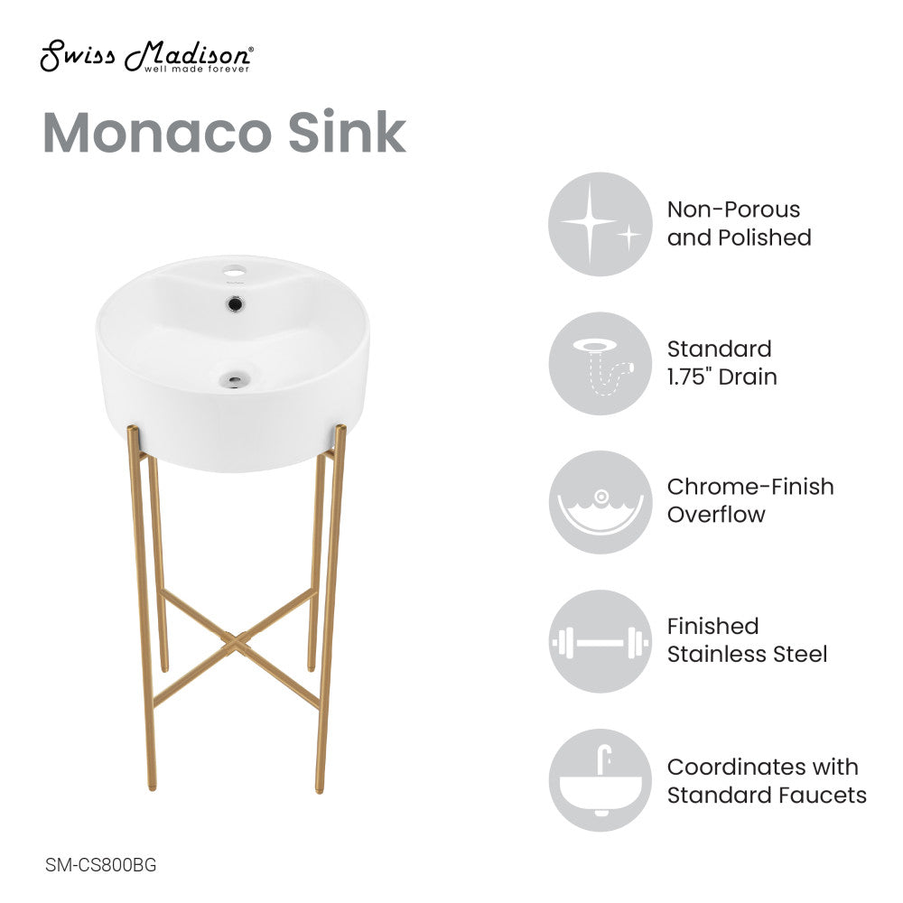 Monaco 15.75" Round Console Sink with Faucet Mount, White Basin Brushed Gold Legs