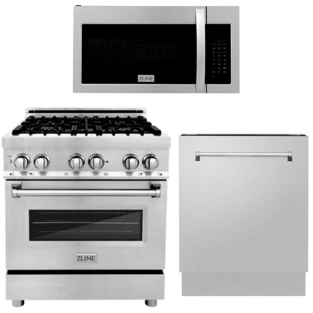 ZLINE 30 in. Dual Fuel Range, Over-the-Range Microwave, Dishwasher Appliance Package, 3KP-RAOTR30-DWV