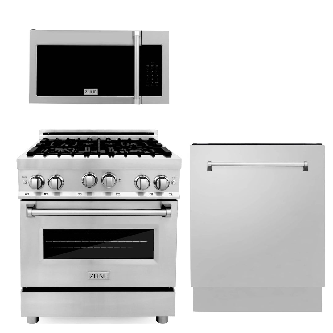 ZLINE 30" Kitchen Package Gas Range Traditional Over The Range Microwave &amp; Dishwasher