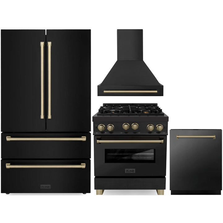 ZLINE 30" 4 Piece Black Range, Range Hood, Dishwasher &amp; Refrigerator