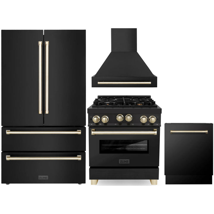 ZLINE 30" 4 Piece Black Range, Range Hood, Dishwasher &amp; Refrigerator