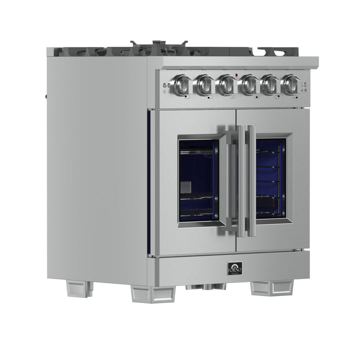 Forno Capriasca 30-Inch Freestanding French Door Gas Range, 4 Burners, Convection Oven, Energy Efficient