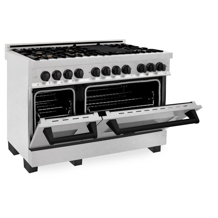 ZLINE Autograph 48 in. Gas Burner/Electric Oven in DuraSnow® Stainless Steel with Matte Black Accents, RASZ-SN-48-MB