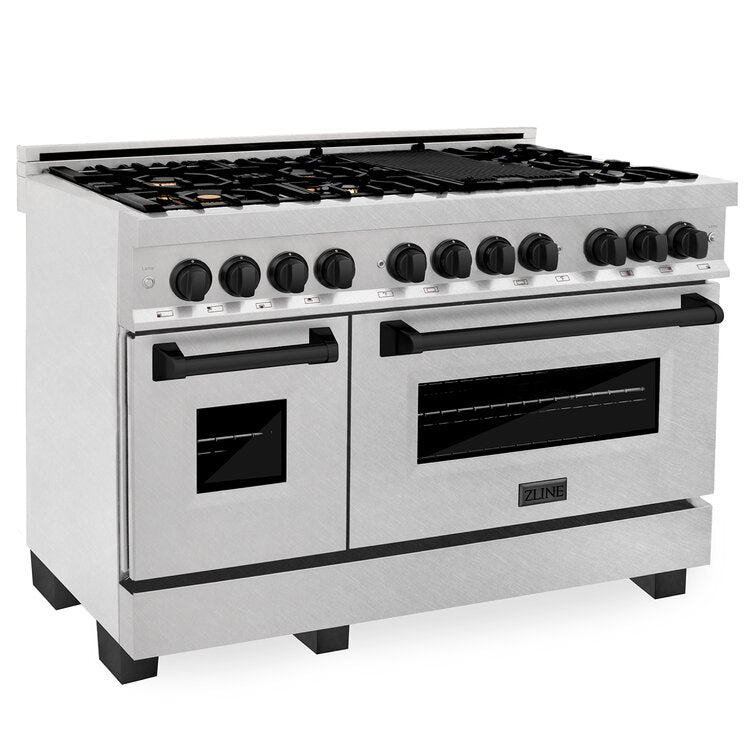 ZLINE Autograph 48 in. Gas Burner/Electric Oven in DuraSnow® Stainless Steel with Matte Black Accents, RASZ-SN-48-MB