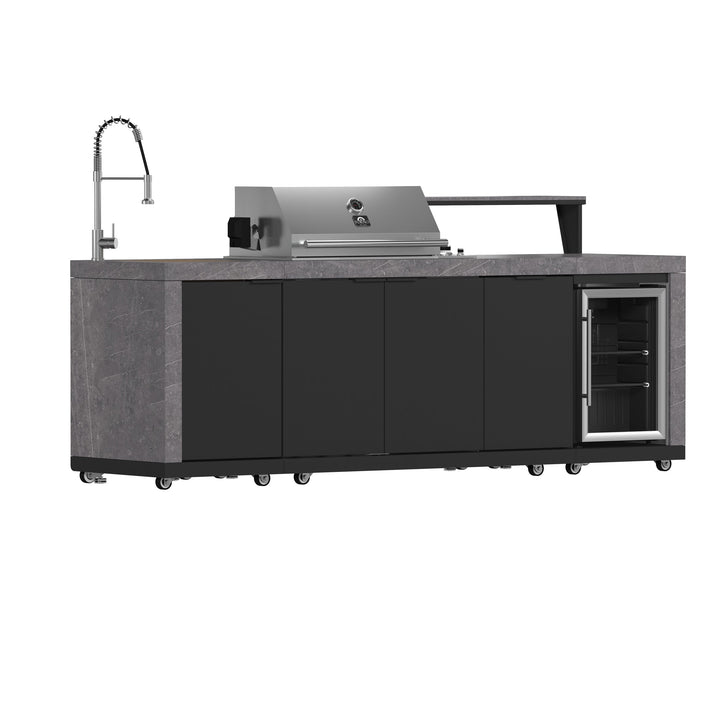 Forno Rimini Outdoor Kitchen 30" BBQ 62,600 BTU, 3 Burners with Sear &amp; Rotisserie, 2.4 cu.ft. Beverage Center, Stainless Steel Sink, Black Cabinets &amp; Gray Sintered Stone Countertop