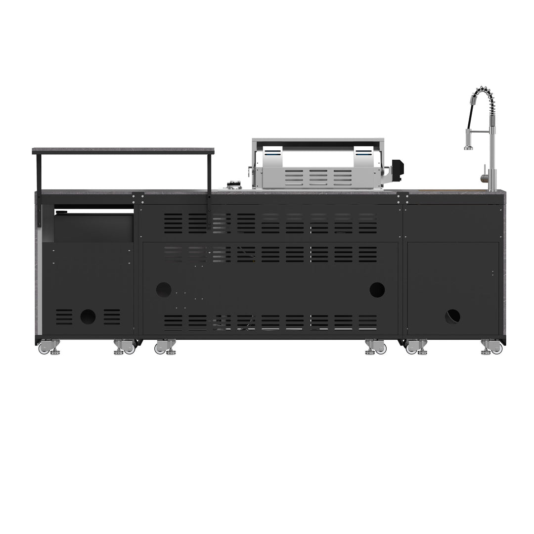 Forno Rimini Outdoor Kitchen 30" BBQ 62,600 BTU, 3 Burners with Sear &amp; Rotisserie, 2.4 cu.ft. Beverage Center, Stainless Steel Sink, Black Cabinets &amp; Gray Sintered Stone Countertop