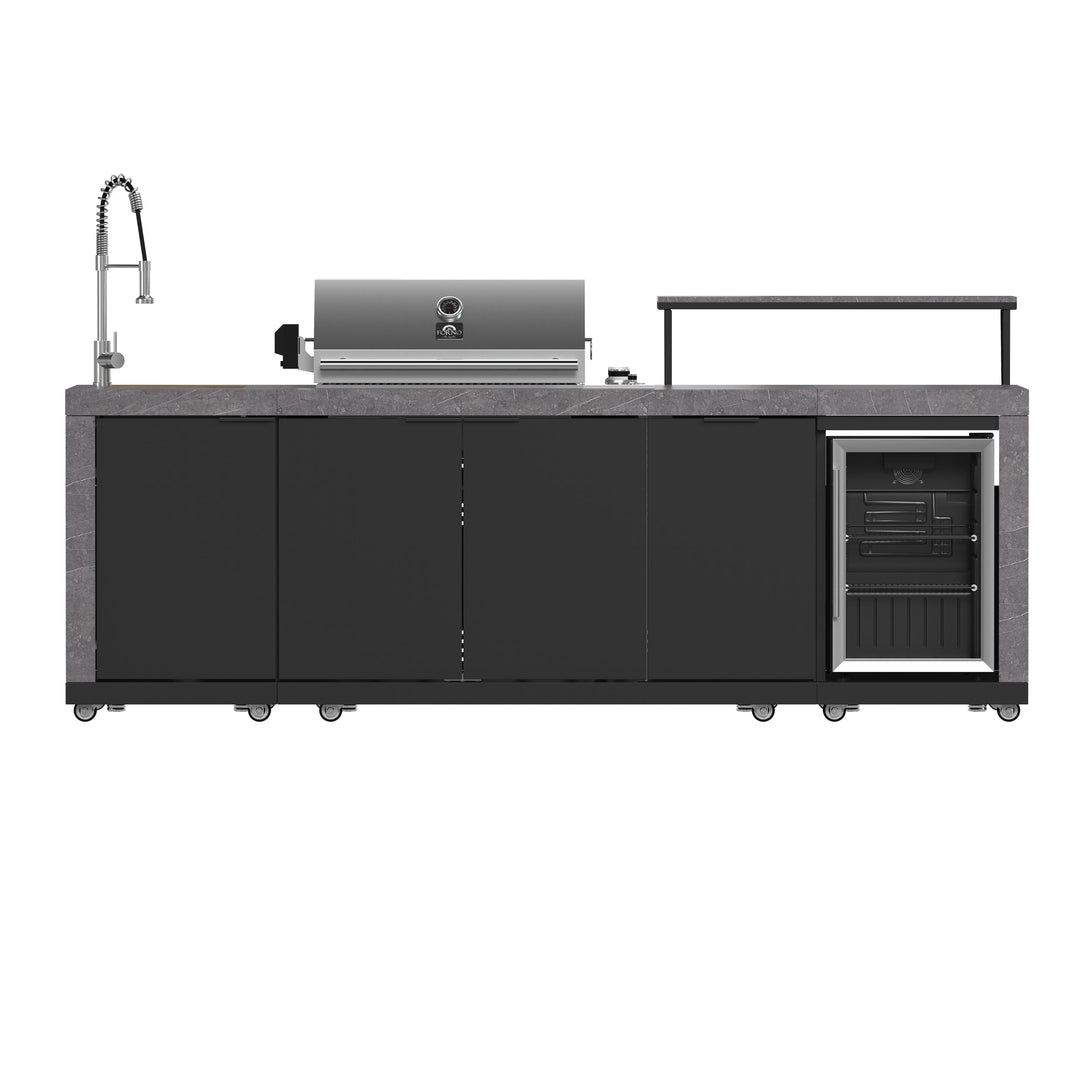 Forno Rimini Outdoor Kitchen 30" BBQ 62,600 BTU, 3 Burners with Sear &amp; Rotisserie, 2.4 cu.ft. Beverage Center, Stainless Steel Sink, Black Cabinets &amp; Gray Sintered Stone Countertop