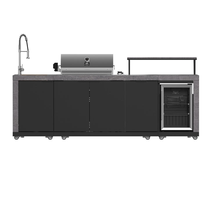 Forno Rimini Outdoor Kitchen 30" BBQ 62,600 BTU, 3 Burners with Sear &amp; Rotisserie, 2.4 cu.ft. Beverage Center, Stainless Steel Sink, Black Cabinets &amp; Gray Sintered Stone Countertop