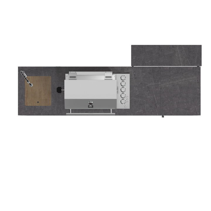 Forno Rimini Outdoor Kitchen 30" BBQ 62,600 BTU, 3 Burners with Sear &amp; Rotisserie, 2.4 cu.ft. Beverage Center, Stainless Steel Sink, Black Cabinets &amp; Gray Sintered Stone Countertop