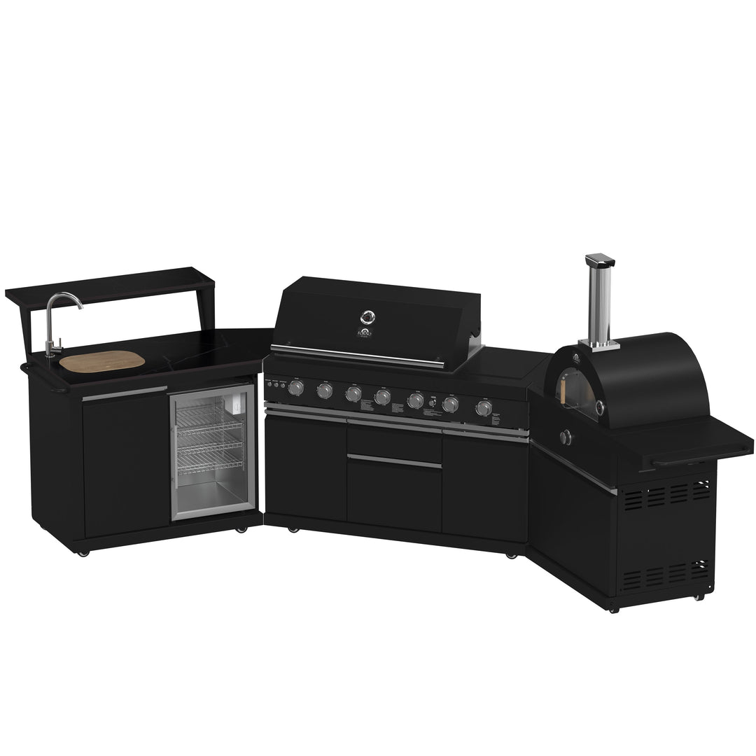 Forno All’Aperto 87,600 BTU Outdoor Kitchen, 4 Burners, Infrared Burners, Side Burner, Black Sintered Stone Countertops, Gas Pizza Oven, Sink Module, Bar &amp; Beverage Center